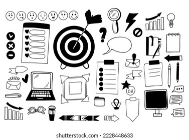 Los grandes vectores ponen iconos financieros. Negocios y laptop, afronte emoción, finanzas y gráficos, infografías, signos, objetivos, comunicación y éxito. Doodles lineales aislados para temas de negocios de diseño.