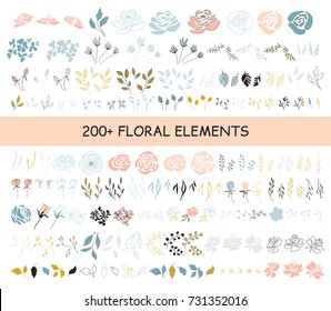 Big vector set of floral elements. Flowers, leaves and berries. For greeting cards, weddings, stationery, surface design, scrapbooking. Cute doodle hand drawn style. Part of a large floral collection.