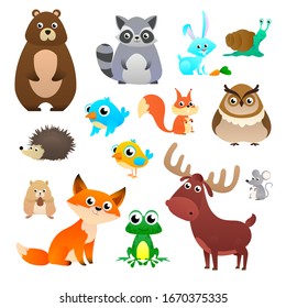 Big vector set forest animals in cartoon style, isolated on white background. Vector illustration design template