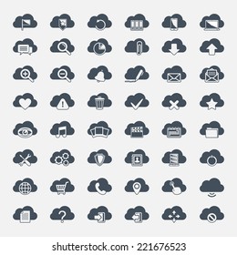 Big vector set of forty-six black cloud  shapes with icons, cloud icons for web and app, for cloud computing and so on