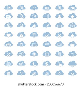 Big vector set of forty-six blue cloud  shapes with white icons, cloud icons for web and app, for cloud computing,over white