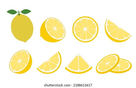 Big vector set of fresh lemones. Lemone fruit isolated on blue background. Vector illustration for design and print