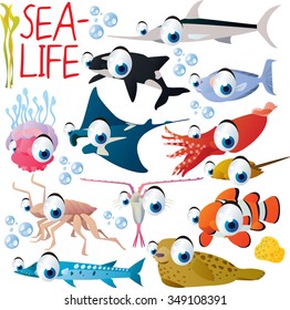 big vector set of funny comic cartoon animals: sea life: orca, sward fish, manta ray, jelly fish, squid, seal, barracuda, isopod, plankton, clownfish, unicorn fish