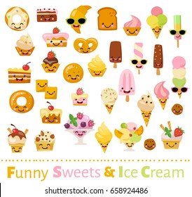 Big vector set of funny food icons in flat style. Smiling ice cream and sweets. 