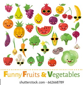 Big vector set of funny food icons in flat style. Smiling fruits and vegetables. 