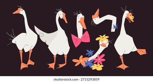 Gran conjunto de Vector de personajes divertidos de ganso en diferentes poses con flores, pajarita y expresiones juguetonas. Pájaros lindos para los carteles, las tarjetas, las pegatinas, las impresiones, el diseño de los niños, y el contenido de las redes sociales