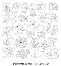 Big Vector Set of Funny Wild Animals and Pets. Coloring Page for kids. Cute Cartoon Animals, Birds, Insects and Fishes for Coloring Book
