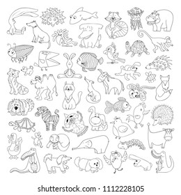 Big Vector Set of Funny Wild Animals and Pets. Coloring Page for kids. Cute Cartoon Animals, Birds, Insects and Fishes for Coloring Book