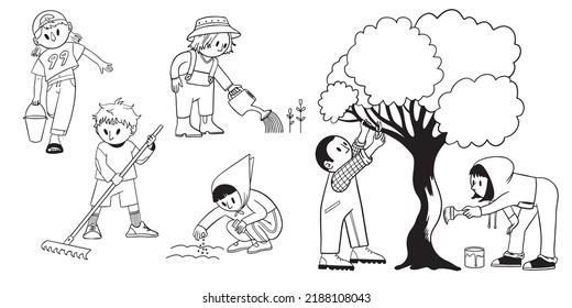 Big vector set of gardeners doing various activities. Isolated vector illustration in cartoon style.