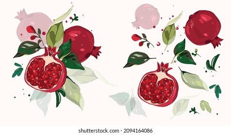  Big vector Set of Garnet branch. green leaves, fruit, flowers 