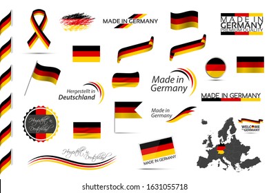 Big vector set of German ribbons, symbols, icons and flags isolated on a white background, Made in Germany, Welcome to Germany, premium quality, German tricolor,set for your infographics and templates