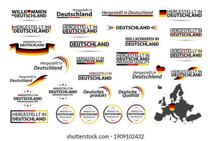 Big vector set of German ribbons, symbols, icons and flags isolated on a white background. Made in Germany. Welcome to Germany. Premium quality. German tricolor set for your infographics and templates