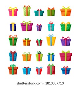 Big vector set of gift boxes icons in color for New Year, Christmas or celebration party events.