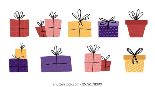 Big vector set with gifts. Cute hand drawn elements isolated on white background. Illustration with texture and line bows.