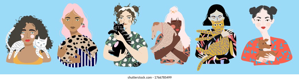 Big vector set 
Girls hold their pets in their arms  Hand drawn trendy vector flat illustration   Design for banner  card  placard  brochure  