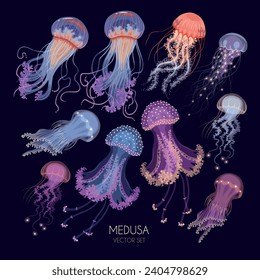 Big vector set of glowing jellyfish