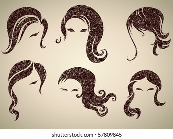 Big vector set of grunge vintage hair styling for woman 1 (from my big "Hair styling series")