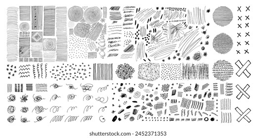 Big vector set of grungy line arrows, squiggles, crosses, textures. Hand drawn pen line block scribbles, crosshatches and dots isolated on transparent background. Contemporary creative design elements