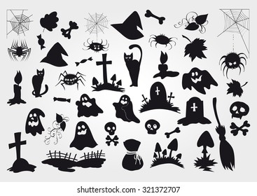 Big vector set of Halloween black silhouettes objects and creatures for your design.