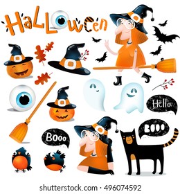 Big vector set to halloween. Cartoon cute witch on a broomstick, cast, eyes, hat, cat, bats, pumpkins, frame. It can be used for posters, postcards, invitations to party Halloween. eps 10