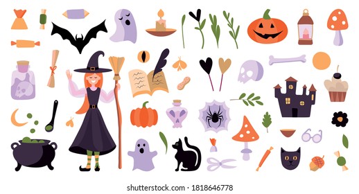 Big vector set of Halloween characters. Scrapbook elements on textured background. Vector illustration with a witch, cauldron, ghosts and pumpkins. Design elements for social media decoration.
