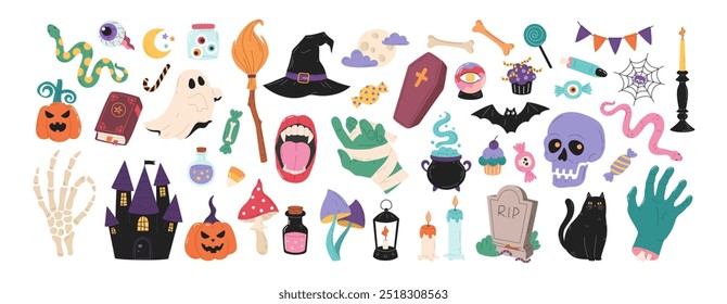 Elementos de Halloween: calabaza, cráneo, castillo, ataúd, tumba, murciélago, Vector negro, hueso, esqueleto. Dibujado a mano ilustración plana. Artículos de Halloween para tarjeta de felicitación, scrapbooking, pegatinas, impresión