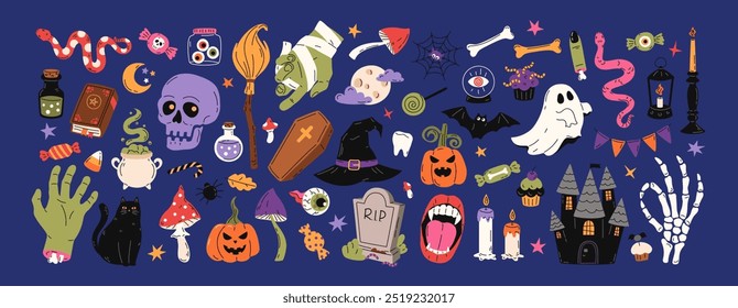 Vetor grande conjunto de elementos de Halloween: abóbora, crânio, castelo, caixão, túmulo, morcego, gato preto, osso, esqueleto. Ilustração plana desenhada à mão. Itens de Halloween para cartão de saudação, scrapbooking, adesivos, imprimir