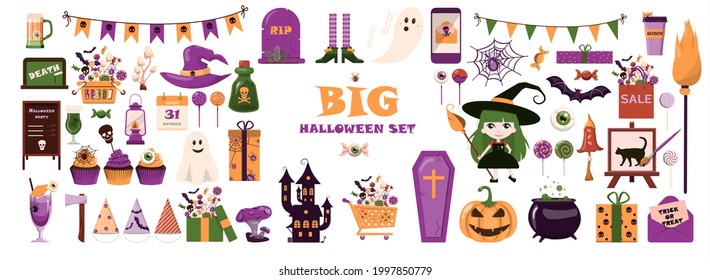 A big vector set for Halloween. Flat design. Cartoon template for invitations, advertisements, posters, banners, party, postcards. Bright cute pictures for All Saints Day on October 31