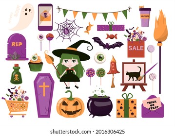 A big vector set for Halloween. Flat design. Cartoon template for invitations, advertisements, posters, banners, party, postcards. Bright cute pictures for All Saints Day on October 31