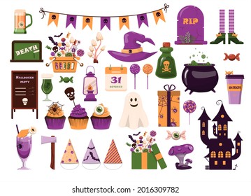 A big vector set for Halloween. Flat design. Cartoon template for invitations, advertisements, posters, banners, party, postcards. Bright cute pictures for All Saints Day on October 31