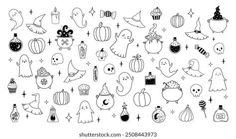 Grande vetor conjunto de Halloween em estilo desenhado à mão. Faça uma bela ilustração com elementos tradicionais de Halloween. Elementos isolados no plano de fundo branco. Fantasmas, cupcake, frasco, veneno, caldeirão, abóbora.