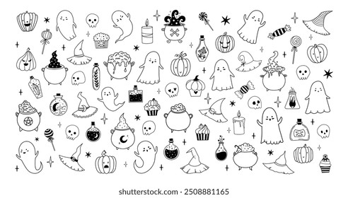 Big vector set of Halloween in hand drawn style. Doodle cute illustration with traditional Halloween elements. Isolated elements on white background. Ghosts, cupcake, flask, poison, cauldron, pumpkin.