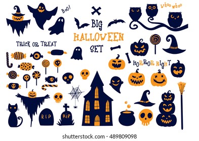 Big vector set of Halloween icons. Hand drawn cartoon elements. Gorgeous clip art for design.