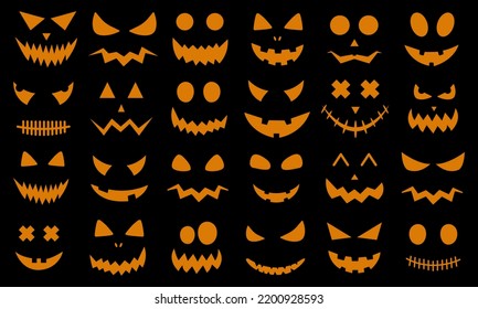 Big vector set halloween pumpkin faces on black background. Halloween decoration design. Vector illustration