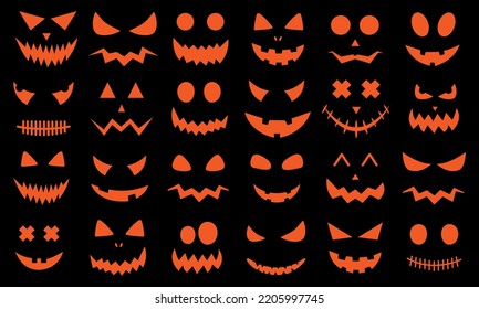 Big vector set halloween pumpkin faces on black background. Halloween decoration design. Vector illustration