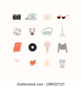 Big vector set of Hand drawn romantic elements for summer holiday, party and travel. Cute icons in vintage style. romantic flowers in a waffle con, cat, vinyl, The Eiffel Tower.
