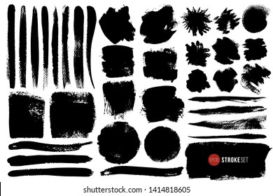Big vector set of hand drawn brush strokes and stains. One color monochrome artistic hand drawn backgrounds and graphic resources. Various shape ink spots.