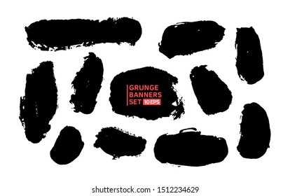 Big vector set hand drawn illustration.
Ink brush stroke texture background, dry rough edges. 
Grunge banner collection for quote boxes. Template for backgrounds, card design, frames, banners.