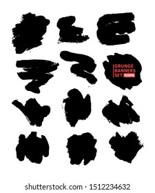 Big vector set hand drawn illustration.
Ink brush stroke texture background, dry rough edges. 
Grunge banner collection for quote boxes. Template for backgrounds, card design, frames, banners.