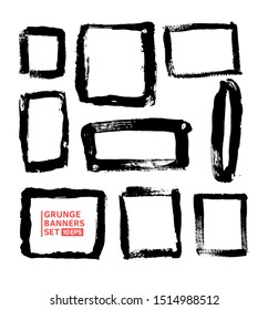 Big vector set hand drawn illustration.
Ink brush stroke texture background, dry rough edges. 
Grunge banner collection for quote boxes. Template for backgrounds, card design, frames, banners.