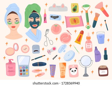 Big vector set hand drawn illustation.Skin care routine icons.Cartoon style. Flat design.Beautiful young ladies and various cosmetics. Beauty routine.