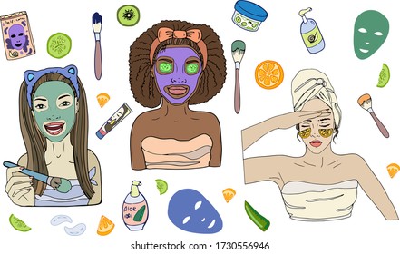 Big vector set hand drawn illustration of multicultural girls in cosmetology masks. Isolated on white background.Cartoon style. Flat design.Beautiful young ladies and various cosmetics.Beauty routine.