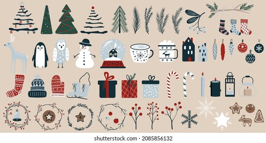 Big vector set of hand drawn Christmas elements. Varieties of Christmas and New Year elements for cards, gift tags, patterns and poster design. Different Xmas flat  illustrations.