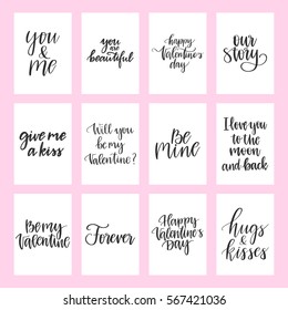 Big vector set of hand drawn greeting cards about love. Black calligraphy isolated on white background. Valentine's Day design