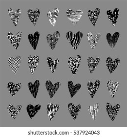 a big vector set of  hand-drawn isolated  hearts in a scribble, doodle, rust or chalk style