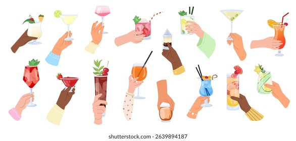 Big vector set of hands holding various cocktails. Collection illustrations of alcoholic drinks mix in diverse skin tones. Ideal for bar poster, summer party banner, drink card, menu or print design