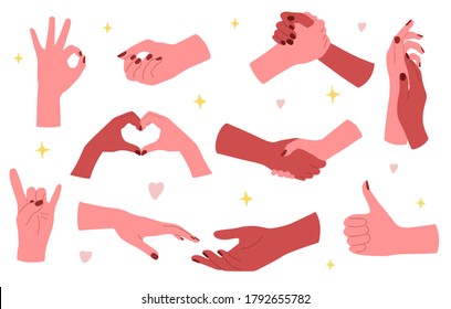 Big vector set of hands, romantic holding hands, manicure and nail care illustration, beautifel young woman, fingers, arm, skin