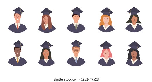 Big Vector Set of Happy multi ethnic Graduated students avatars in academic gown and cap. Pupil graduation at university. Portraits for photo album. Young people in mortarboard and bachelor robe. Flat
