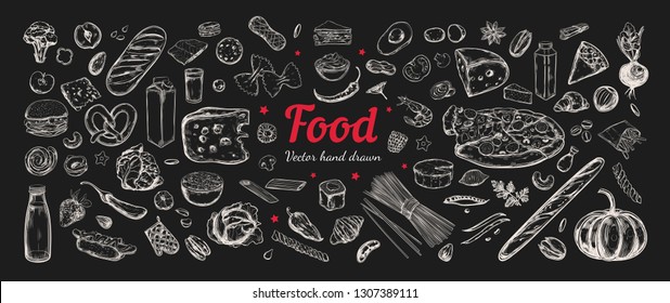 Big vector set of healthy food ingredients. Hand drawn sketches. Isolated objects