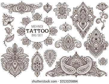 Big vector set of henna floral elements based on traditional Asian ornaments. Paisley Mehndi Tattoo Doodles collection